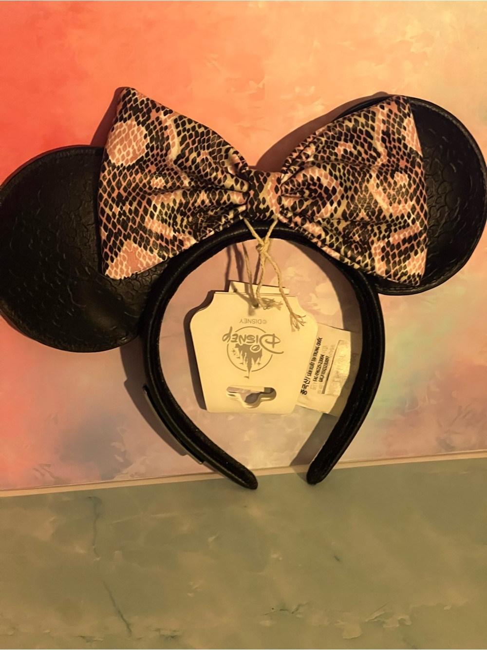 Disney Black Minnie Ears Headband with Pink Snake-Print Bow